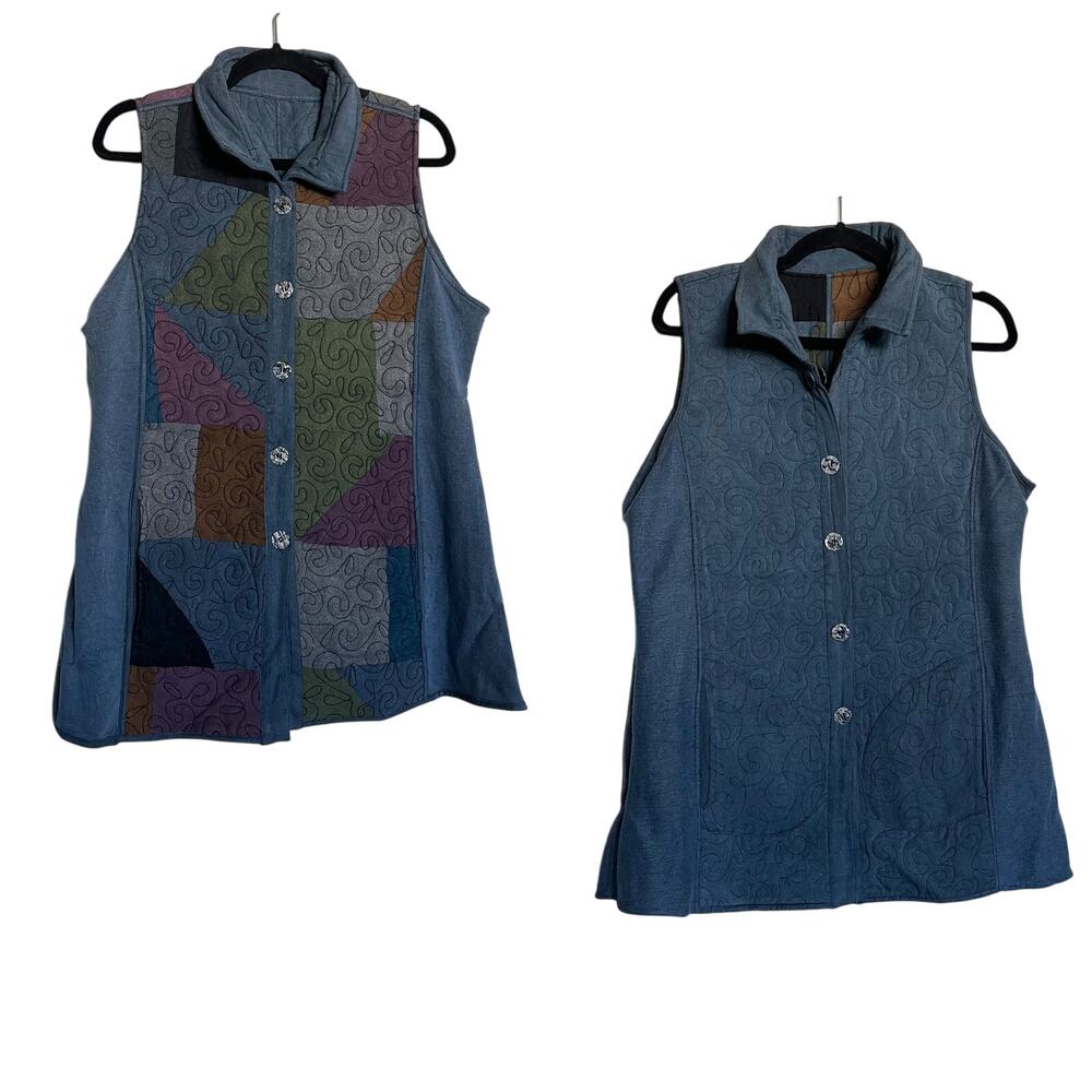 Womens Reversible Vest‎ Parsley & Sage Multicolor Quilted Art to Wear Artsy Med